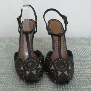 TORY BURCH, ALEXA Genuine Leather Peep Toe High Heel Sandal Black & Tan Sz. 6.5